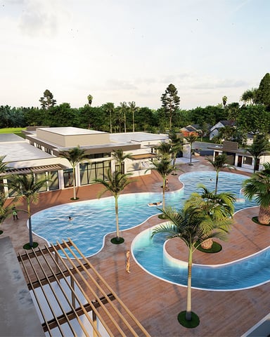 Aerial view of resort with curved swimming pools, palm trees, parking area, and white buildings surrounded by tropical landscape